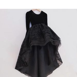Pleiades dress, black velvet bodice, flocked layered organza skirt, hi low hem